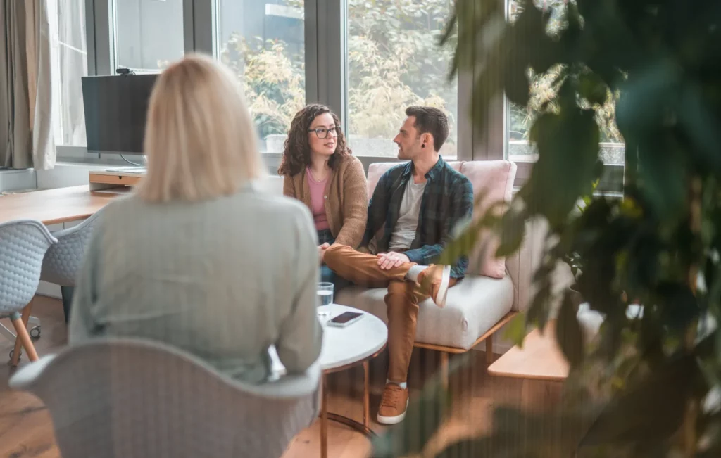 mental health group professional meeting with two clients